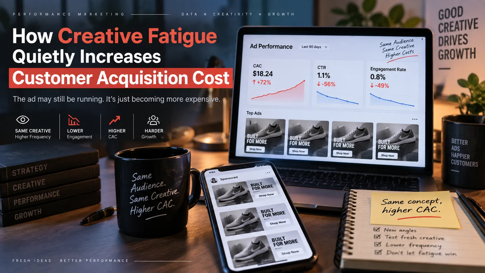 Meta Ads performance dashboard showing rising customer acquisition cost as repeated ad creative leads to lower engagement and creative fatigue.