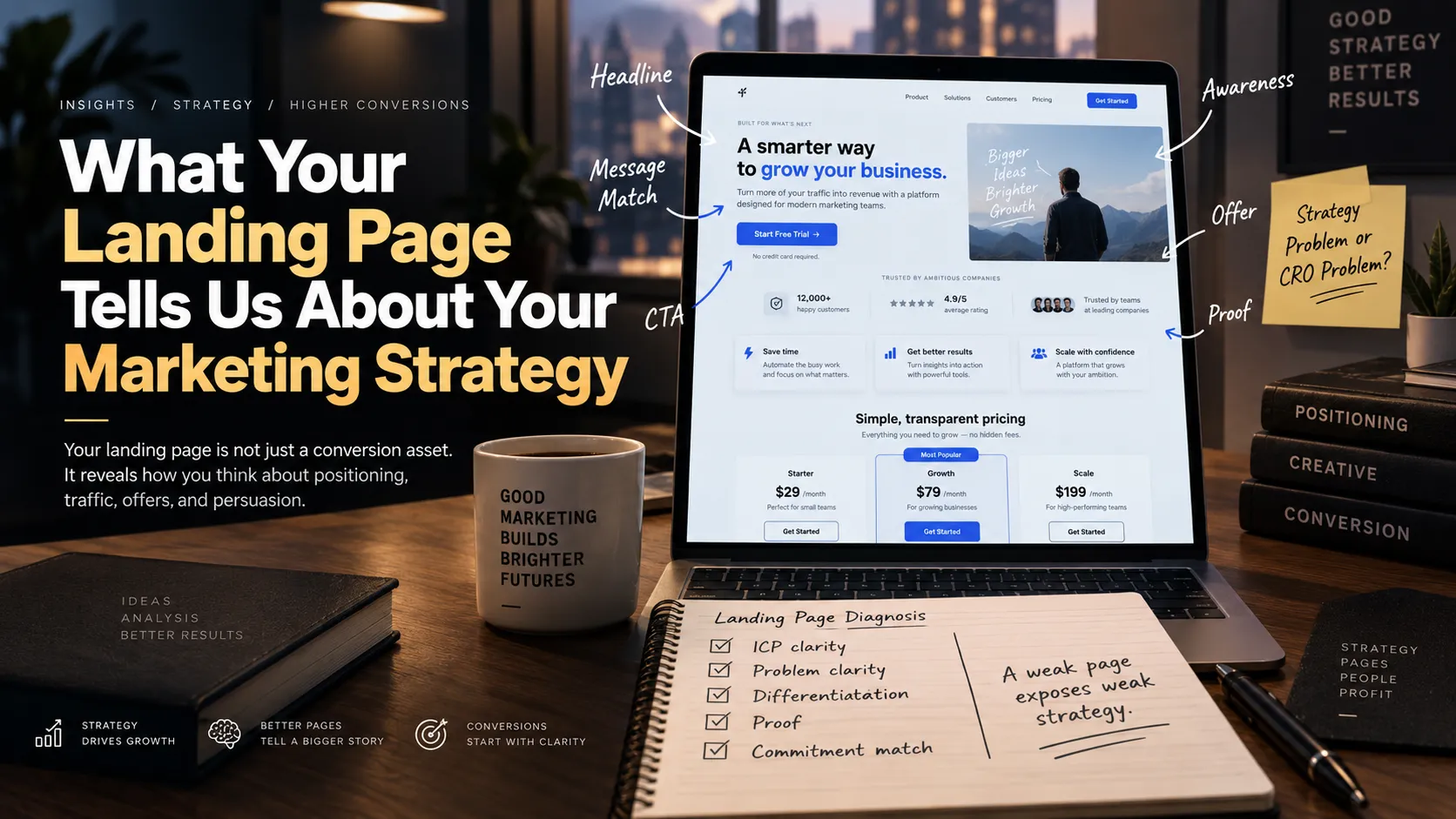 Landing page strategy analysis showing headline, offer, proof, CTA, positioning, and conversion elements that reveal a brand’s overall marketing strategy.