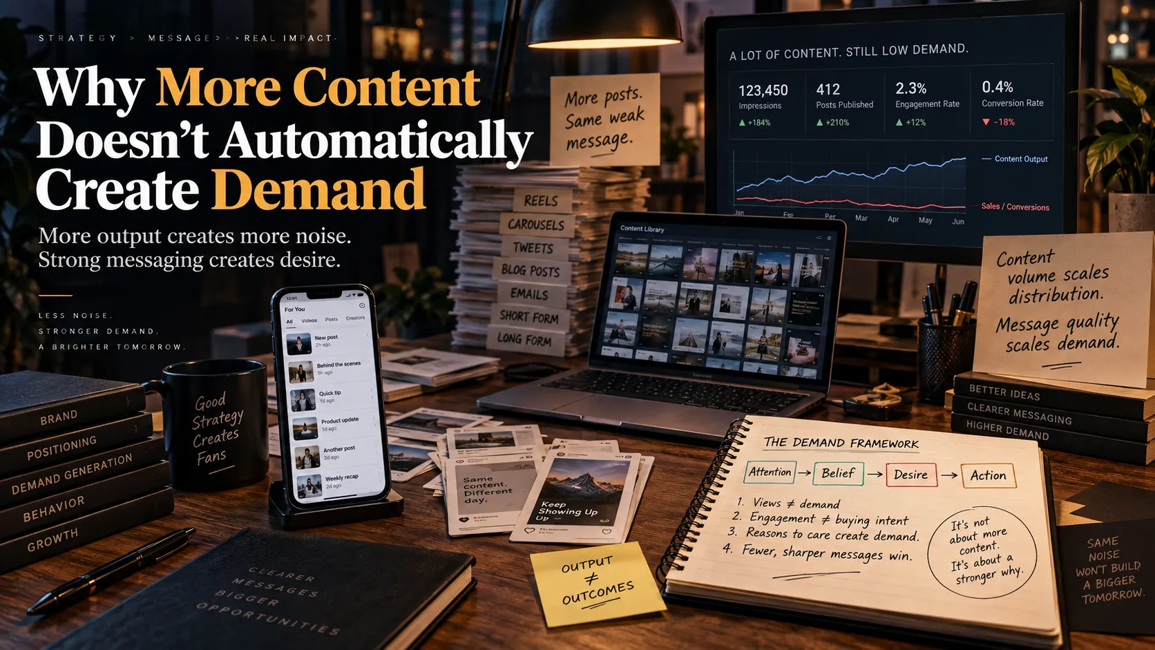 Content strategy workspace showing high content output but low conversions, illustrating why more content does not automatically create demand.