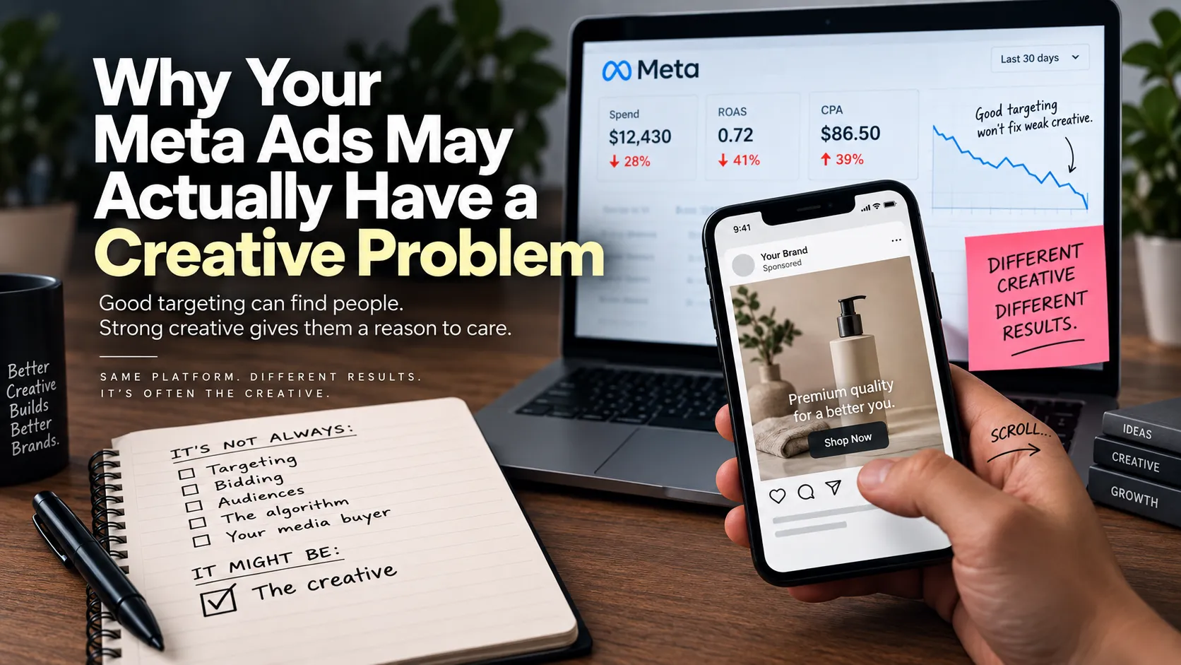Meta Ads dashboard showing declining performance beside a weak ad creative, highlighting the impact of creative quality on ad results.