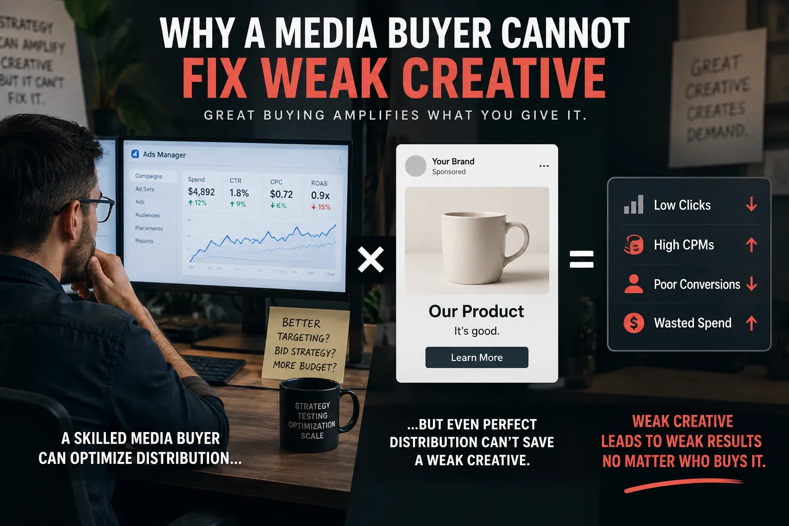 Media buyer analyzing Meta Ads performance beside a weak ad creative, showing how poor creative can lead to low clicks, high CPMs, poor conversions, and wasted spend.